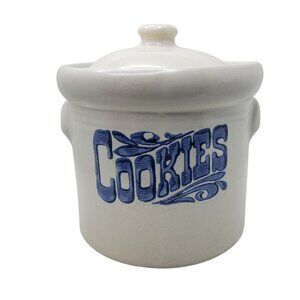 Vintage Platzgraff Yorktowne Stoneware Cookie Jar With Lid & Blue "Cookies" Desi